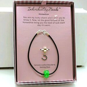 925 Horse Shoe Bracelet Leather & Sterling Silver Green Floral Bead